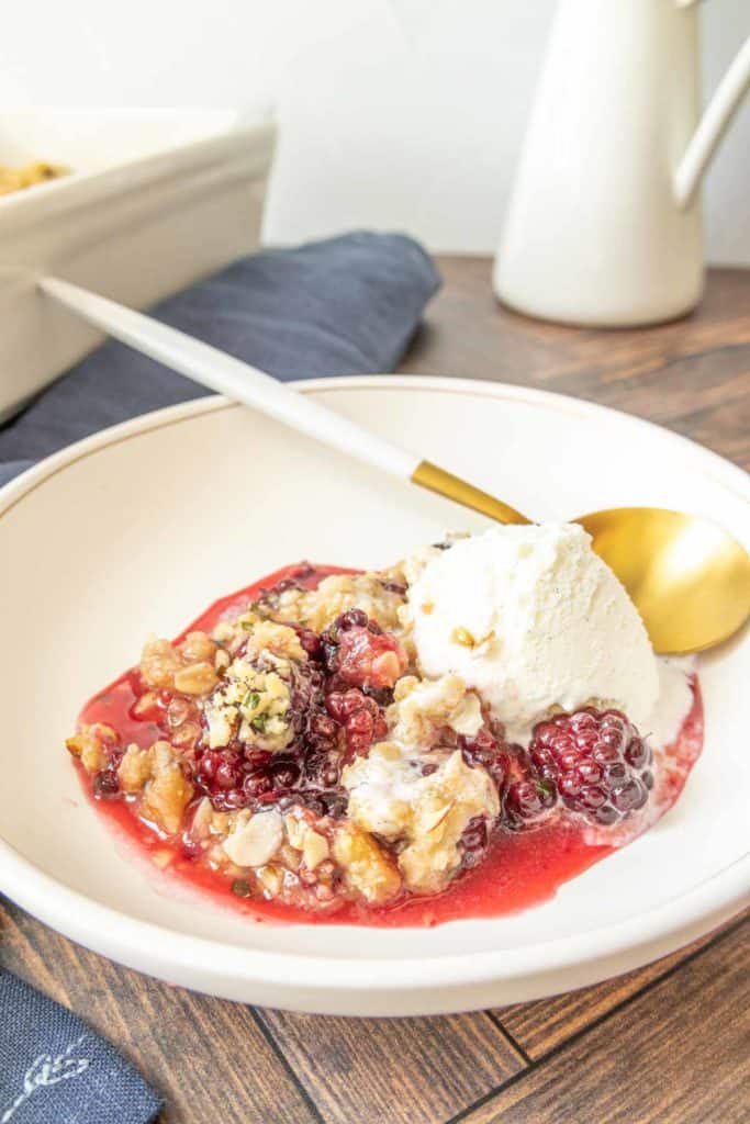 Shallow bowl of blackberry crisp with a scoop of ice cream.