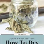 Glass jar filled with dried basil leaves with additional dried basil leaves scattered beside it. Overlay text reads "Quick & Easy Method: How to Dry Basil at Home.