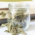 A mason jar filled with dried basil leaves is placed on a white surface, with the text "how to dry basil: 4 easy methods" above it.