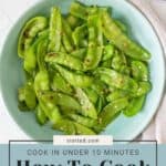 A plate of cooked snow peas seasoned with spices is set on a table. Text overlay reads, "Cook in Under 10 Minutes: How to Cook Snow Peas - stetted.com". For those wondering *how to dry basil*, it complements this quick dish perfectly.