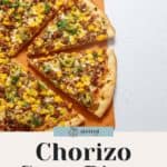 A sliced chorizo and corn pizza with jalapeños is displayed on a wooden board. The text below reads "Chorizo Corn Pizza: Easy Dinner Recipe" with a small floral logo above it. Discover how to freeze tomatoes for your next homemade meal.