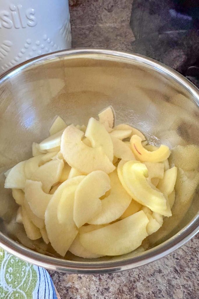 Sliced apples in a bowl on a counter.
