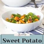 Two white bowls filled with sweet potato salad containing roasted chickpeas and kale are placed on a table with blue-and-white striped napkins underneath. An apple danish sits invitingly beside them. Text at the bottom reads "Sweet Potato Salad.