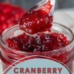 An open jar of cranberry jam with a spoonful of the luscious, ruby-red preserve held above it. The label at the bottom reads "Cranberry Jam, stetted.com.