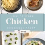 Four-step image guide for making chicken broccoli pasta: start with cooked spaghetti in a pot, sear tender chicken in a pan, roast vibrant broccoli on a sheet, and assemble the delicious dish with pasta, succulent chicken, and roasted broccoli.