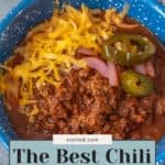 A bowl of chili topped with shredded cheese, sliced pickled jalapeños, and onions boasts "The Best Chili Toppings for Any Bowl.