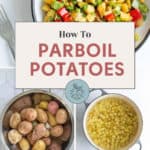 Three images depict the steps on how to parboil potatoes: diced vegetables in a bowl, whole potatoes in a pot, and diced potatoes soaking in water. The text reads "How to Parboil Potatoes," with a link to the recipe on stetted.com.