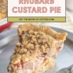 A delectable slice of rhubarb custard pie with a sweet crumb topping sits elegantly on a silver plate, accompanied by a gleaming fork.