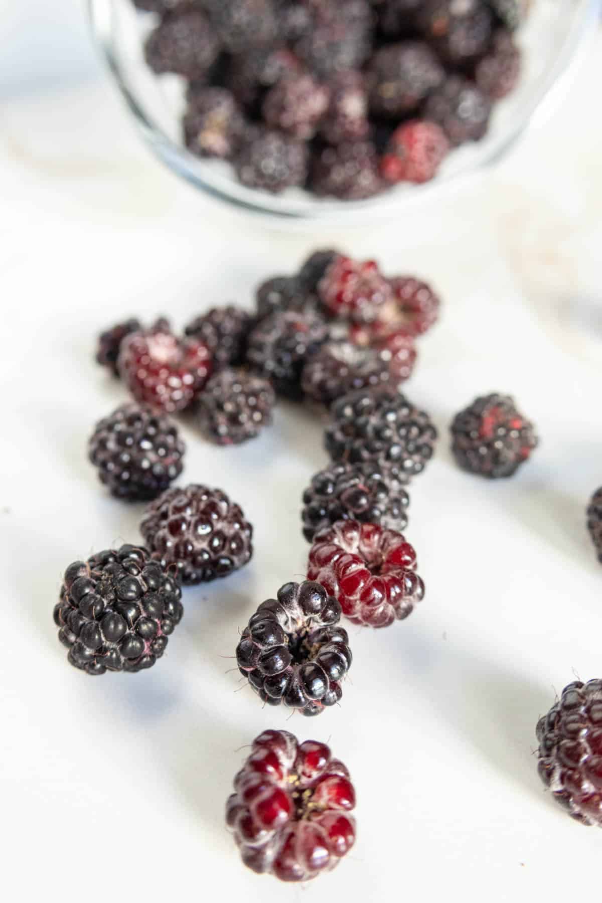 Fresh blackberries scattered on a white surface with more in a glass bowl in the background.