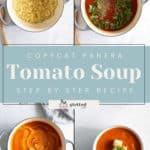 Collage showing the steps to make Panera tomato soup: cooking diced potatoes, adding tomato sauce and herbs, blending the mixture, and the final soup garnished with croutons. Text reads "Copycat Panera Tomato Soup Step by Step Recipe.