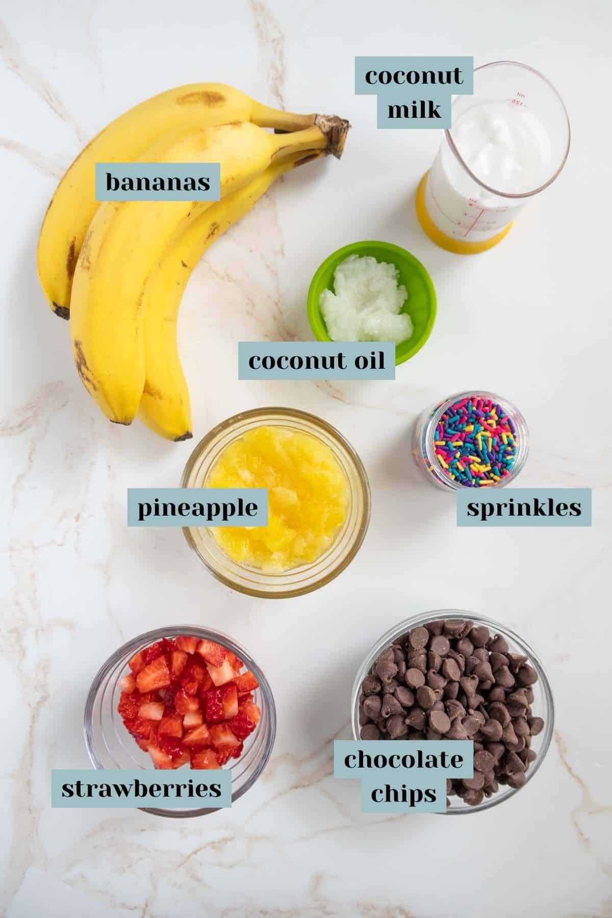 An assortment of smoothie ingredients are laid out, including bananas, coconut milk, coconut oil, pineapple, sprinkles, strawberries, and chocolate chips, each labeled respectively.