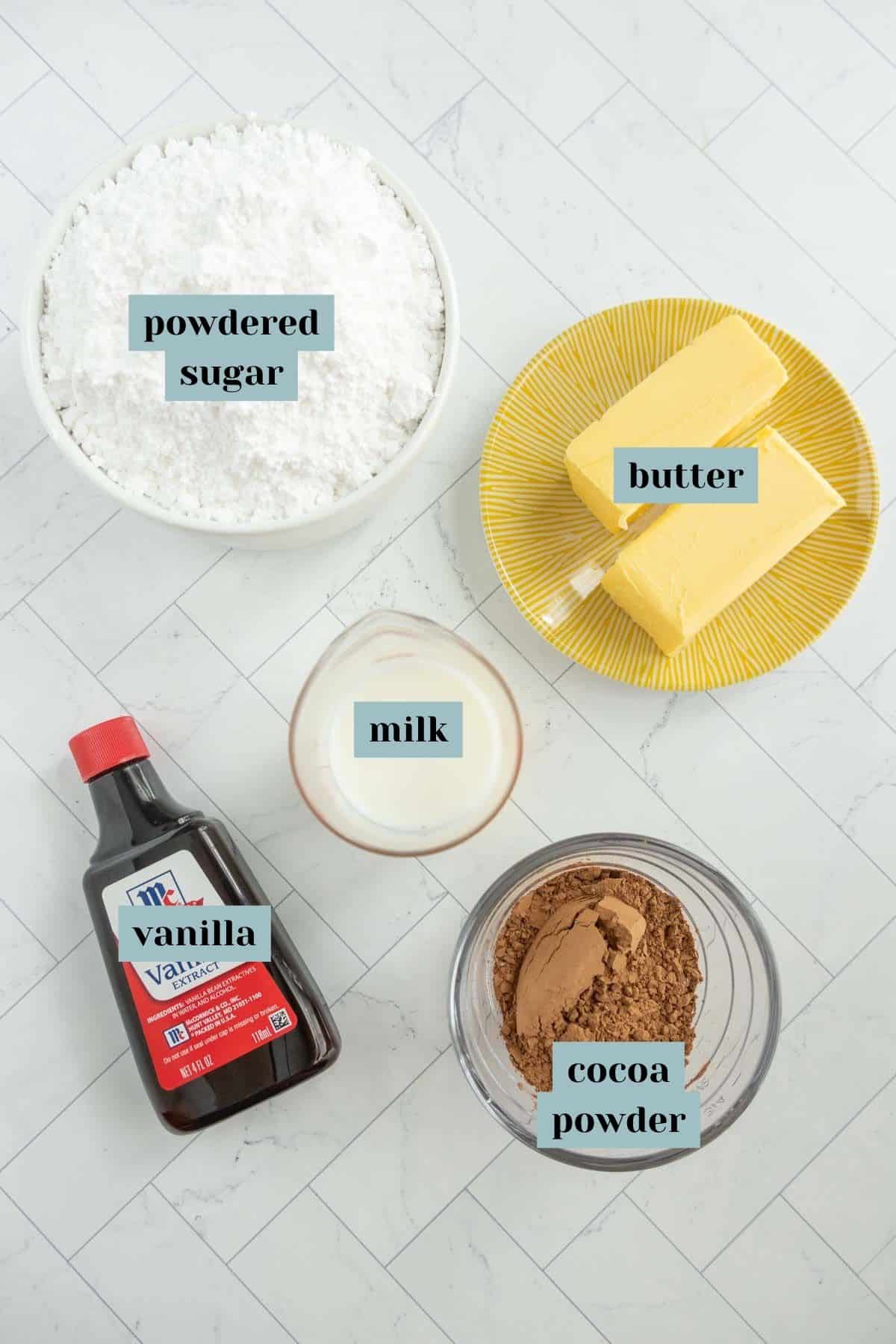 Ingredients for a recipe laid out on a surface: a bowl of powdered sugar, a small bowl of cocoa powder, two sticks of butter on a yellow plate, a bottle of vanilla extract, and a glass of milk.