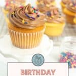 Birthday cupcakes, topped with chocolate frosting and sprinkles, are elegantly displayed on a stand. In the background, more delightful cupcakes and a colorful jar of sprinkles add to the festive ambiance.