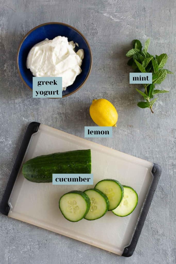 A bowl of Greek yogurt, a lemon, fresh mint sprigs, and a partially sliced cucumber on a cutting board. The items are labeled: "Greek yogurt," "lemon," "mint," and "cucumber.