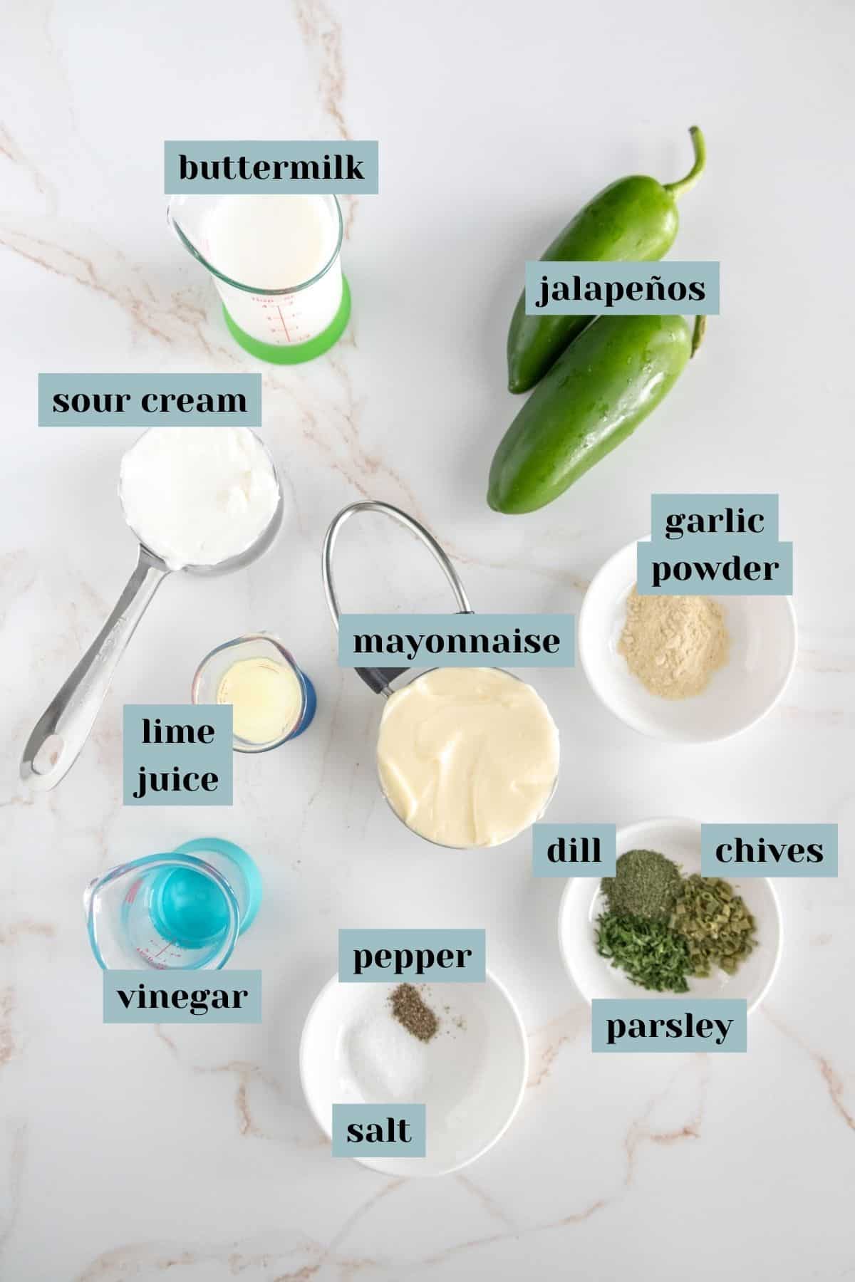 Ingredients for a recipe are arranged on a white surface, including buttermilk, jalapenos, sour cream, mayonnaise, garlic powder, lime juice, vinegar, pepper, salt, dill, chives, and parsley.