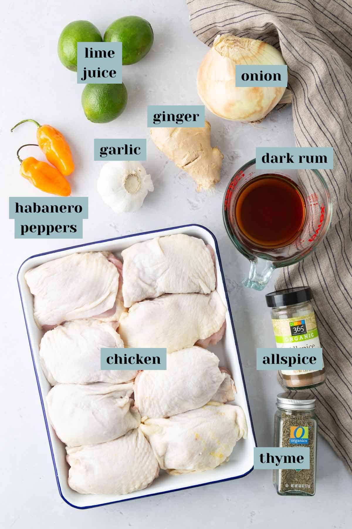 Ingredients for a recipe including chicken, onion, dark rum, ginger, garlic, lime juice, habanero peppers, allspice, and thyme, arranged on a light surface.