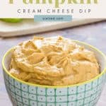 A bowl of pumpkin cream cheese dip sits on a wooden surface with the text "Easy Fall Recipe: Pumpkin Cream Cheese Dip" and website "stetted.com" displayed above, perfect for pairing with birthday cupcakes.
