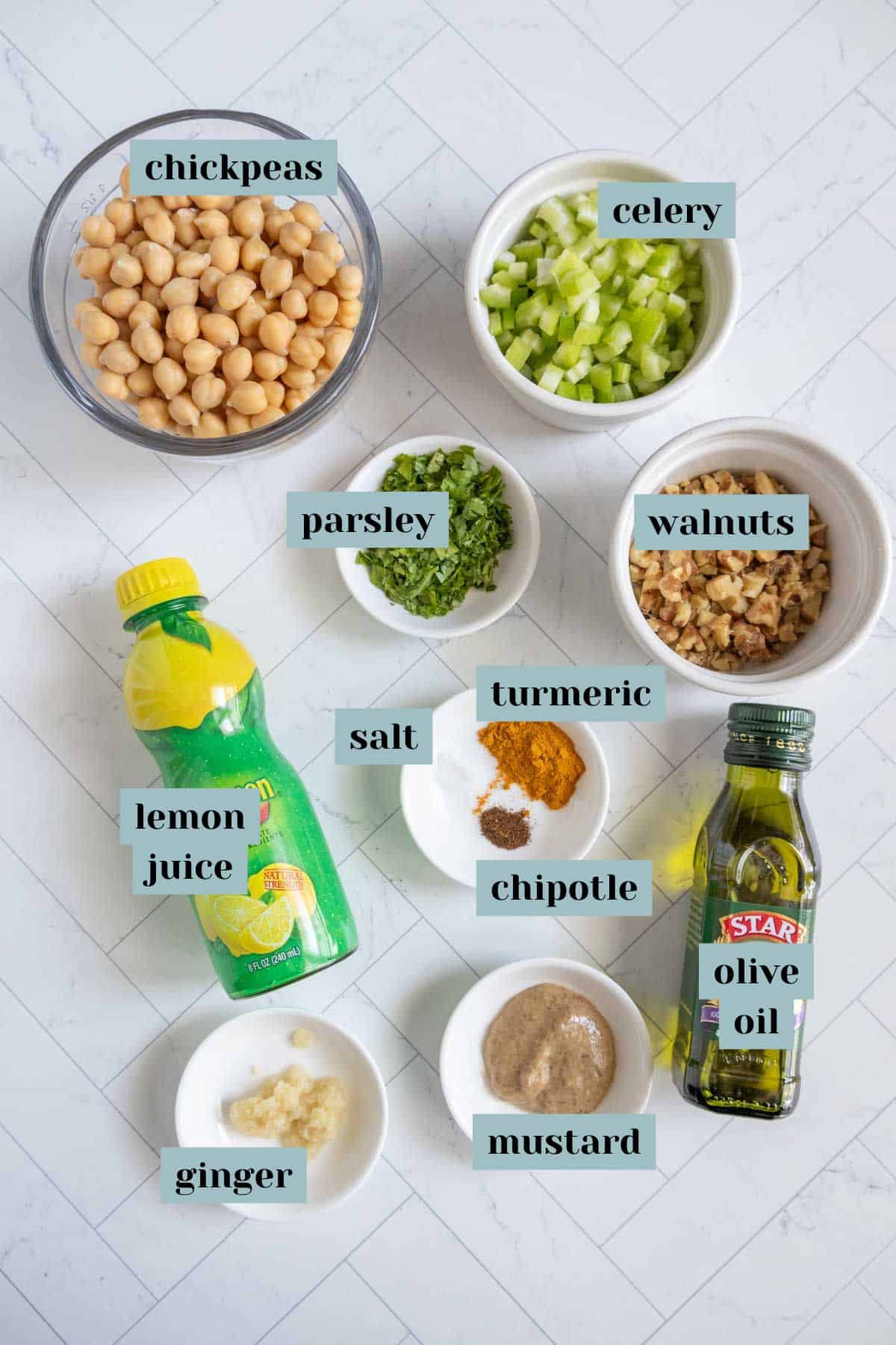 Various ingredients labeled clockwise from top left: chickpeas, celery, walnuts, olive oil, mustard, chipotle, turmeric, salt, parsley, ginger, lemon juice.