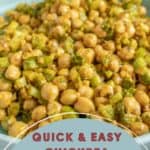 A bowl of chickpea salad with celery, garnished with herbs. The text in front reads, "Quick & Easy Mustard Chickpea Salad - stetted.com.