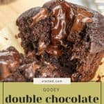 A gooey chocolate muffin with melted double chocolate spilling out. Text overlay reads: "Gooey double chocolate muffins, stetted.com.