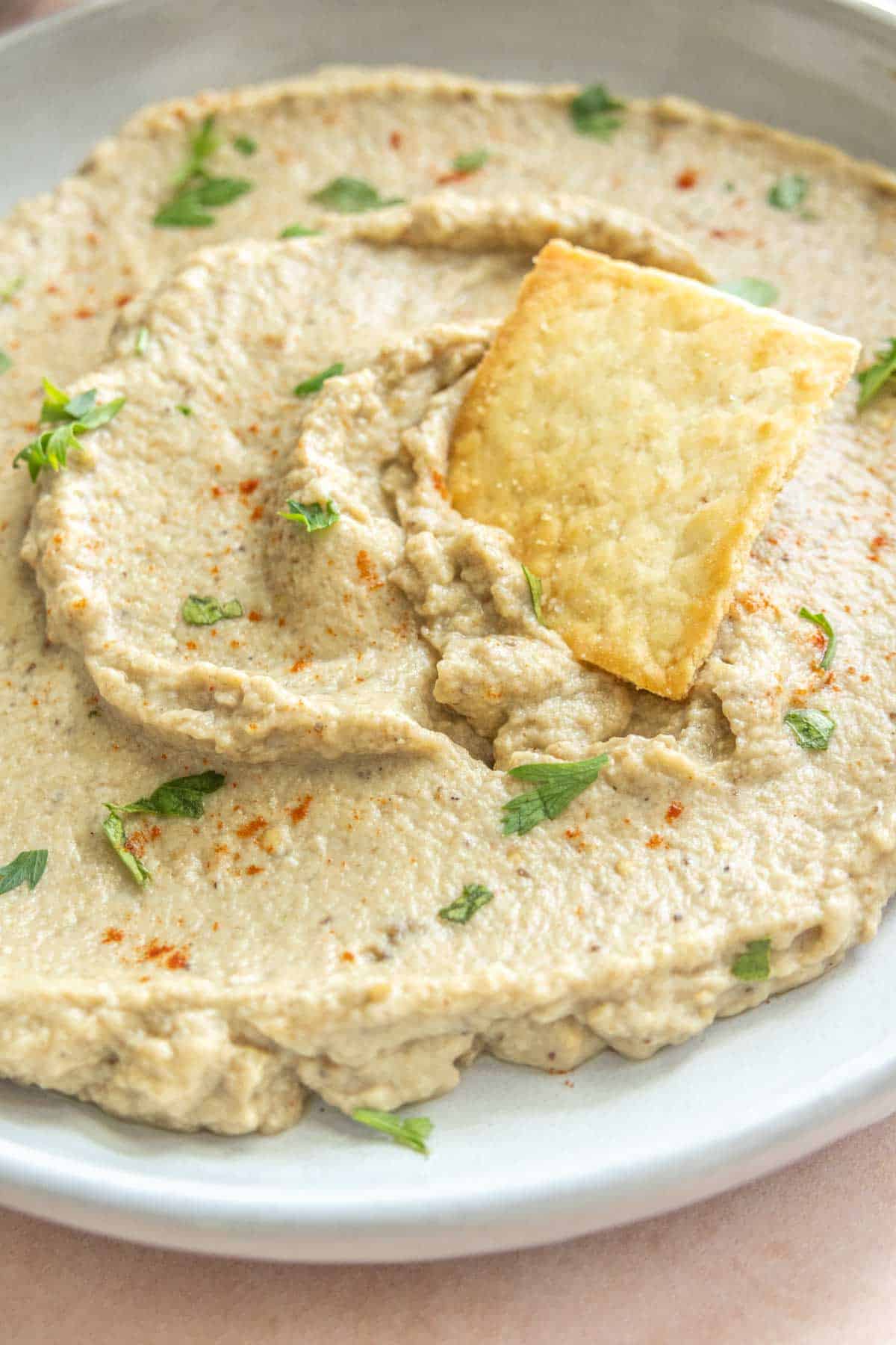 A plate of creamy eggplant dip garnished with chopped herbs and a dash of paprika, topped with a single cracker.