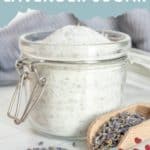 A glass jar filled with aromatic, homemade lavender sugar is displayed with dried lavender flowers nearby. The text above the image reads, "homemade lavender sugar." The source is "stetted.com.