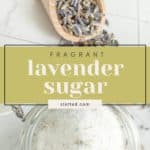 A jar of lavender sugar sits open on a table, with dried lavender flowers in a wooden scoop next to it. The text "Fragrant Lavender Sugar" and "stetted.com" are displayed over the image.