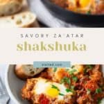 A bowl of shakshuka sprinkled with herbs, accompanied by slices of bread. Text in the middle reads "Savory Za'atar Shakshuka" with a website link "stetted.com".