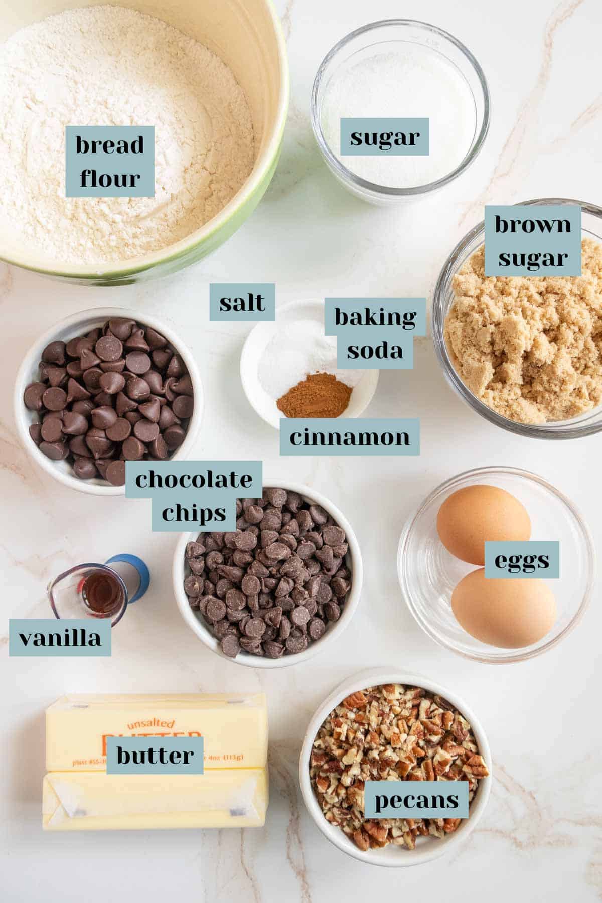 A top-down view of baking ingredients including bread flour, sugar, brown sugar, salt, baking soda, cinnamon, chocolate chips, eggs, vanilla, butter, and pecans.