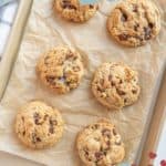 A baking tray lined with parchment paper holds six chocolate chip pecan cookies. The text above reads "CHOCOLATE CHIP pecan cookies," and there is a URL at the bottom.