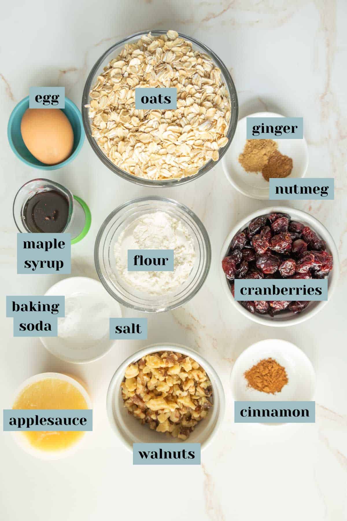 Top-down view of various labeled ingredients arranged in bowls and a single egg, including oats, ginger, nutmeg, maple syrup, flour, cranberries, baking soda, salt, applesauce, walnuts, and cinnamon.