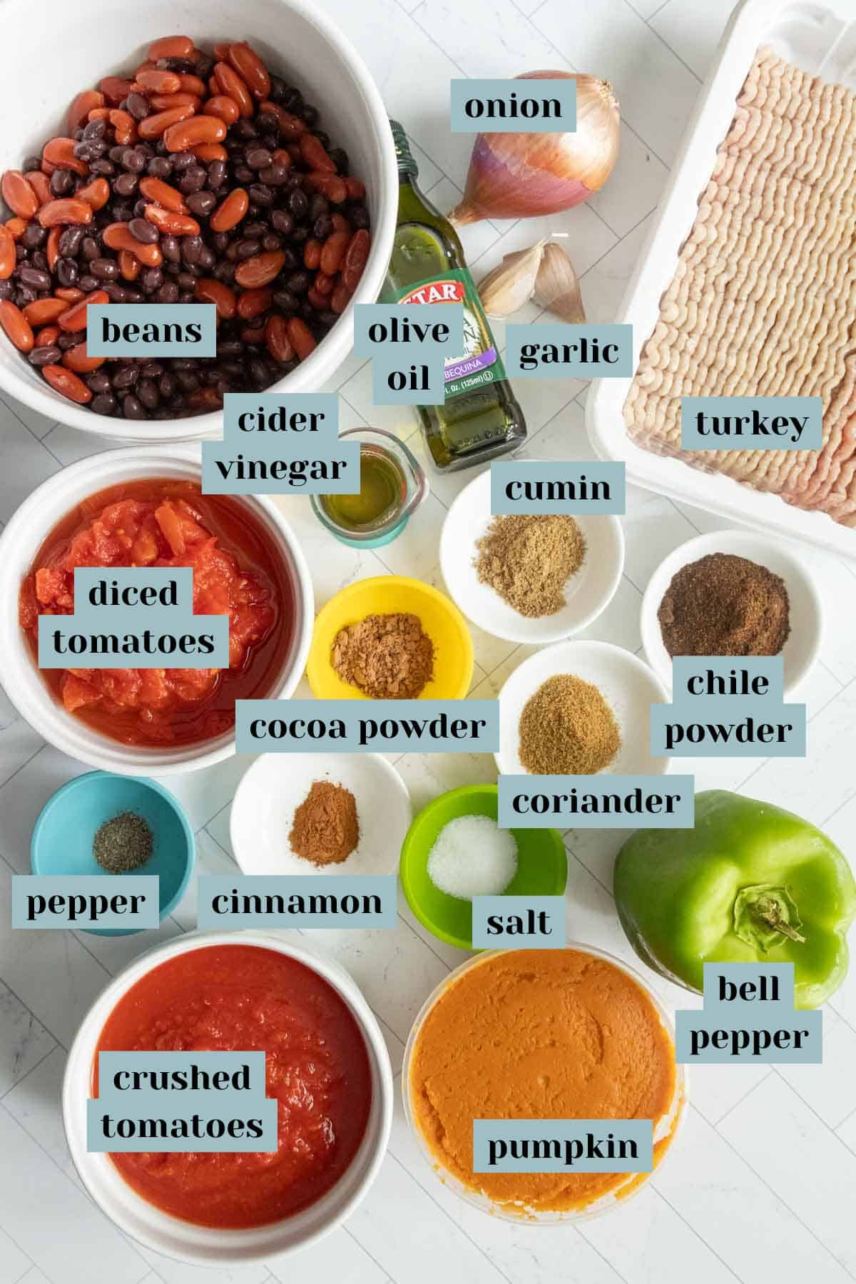 Ingredients for a recipe including beans, diced tomatoes, crushed tomatoes, pumpkin, bell pepper, spices, olive oil, cider vinegar, garlic, onion, and ground turkey, all labeled and arranged on a surface.