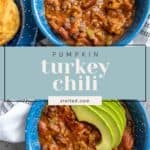 Two blue bowls of pumpkin turkey chili topped with avocado slices. A biscuit is partially visible next to the bowls. The text on the image reads "Pumpkin Turkey Chili" and "stetted.com.