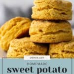 A stack of homemade sweet potato biscuits on a light background. A label text at the bottom reads, "stetted.com HOMEMADE sweet potato biscuits.