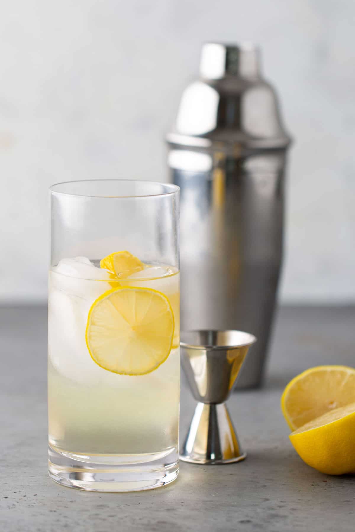 A cocktail glass with a lemon slice and ice, placed next to a metal jigger, a halved lemon, and a stainless steel cocktail shaker.