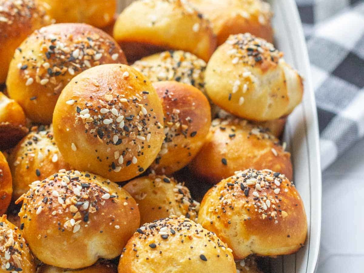 serving dish filled with everything bagel pretzel bites