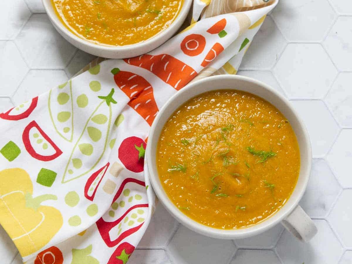 bowls of roasted carrot and fennel soup