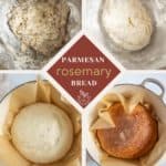 Steps for making Parmesan rosemary bread: mixing dough, dough ball formation, dough rising, and baked bread in a pot.