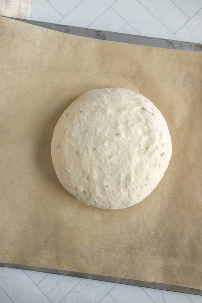 Round ball of dough on parchment paper atop a baking sheet, set on a light-colored countertop.