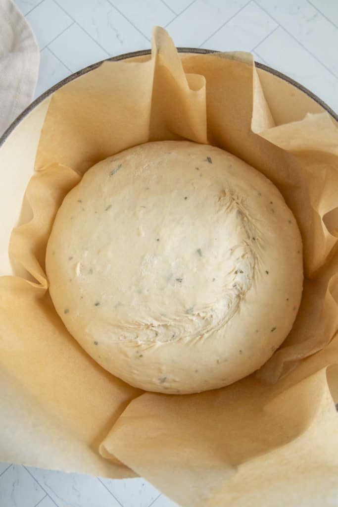 Ball of dough with herbs resting on parchment paper in a bowl.