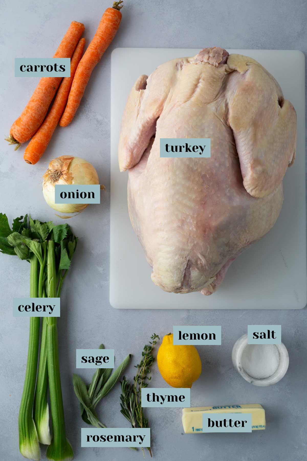 Whole raw turkey on a cutting board surrounded by labeled ingredients: carrots, onion, celery, sage, rosemary, thyme, lemon, butter, and salt.