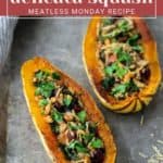 Two halved delicata squashes filled with a mix of vegetables and herbs, labeled "stuffed delicata squash" and "meatless Monday recipe.