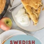 A slice of Swedish apple pie with a scoop of vanilla ice cream on a plate, near a fresh apple. Text reads "Swedish Apple Pie" with a website, stetted.com, visible.