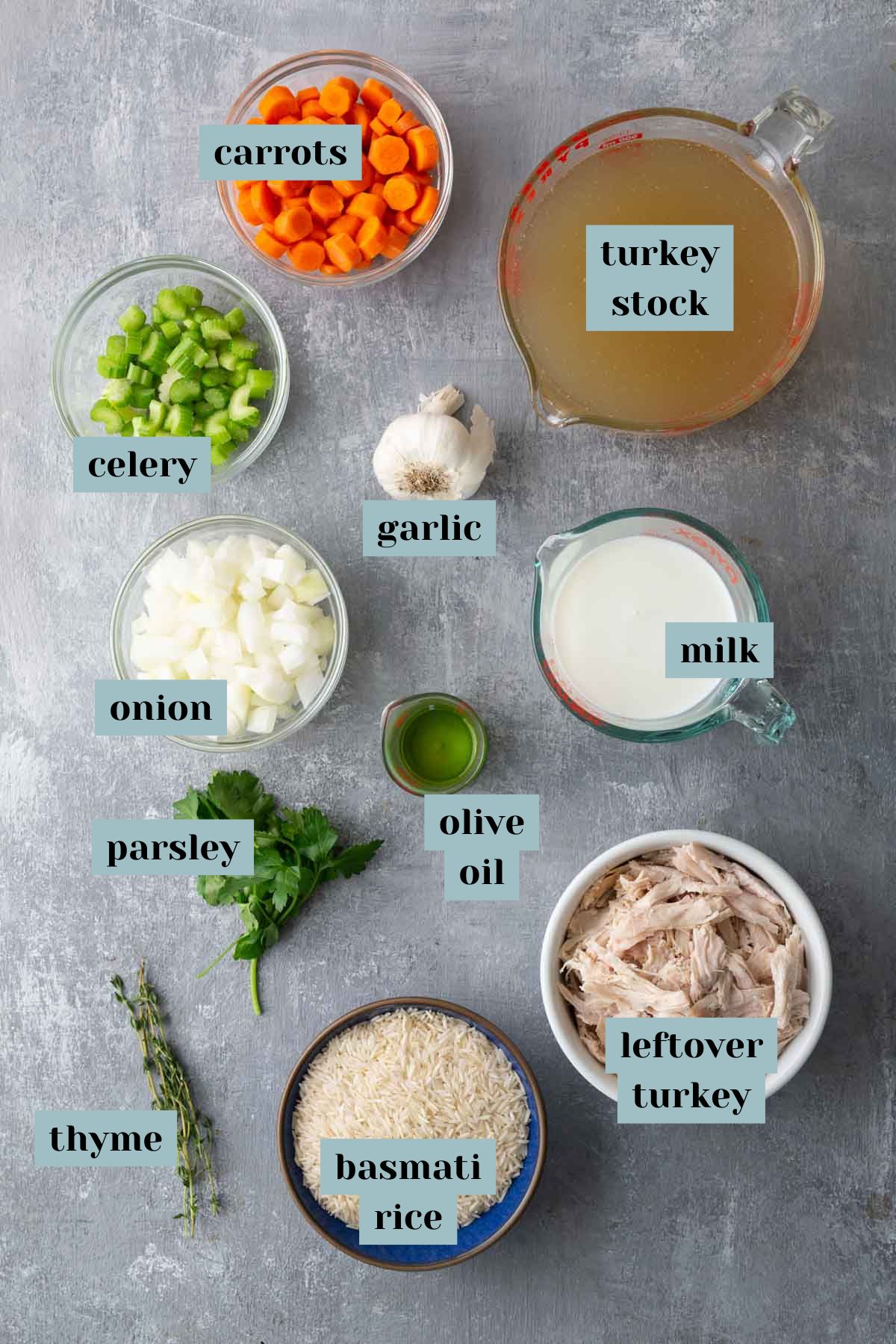 Various ingredients for a soup arranged on a gray surface, including carrots, celery, garlic, onion, parsley, thyme, olive oil, basmati rice, leftover turkey, turkey stock, and milk.