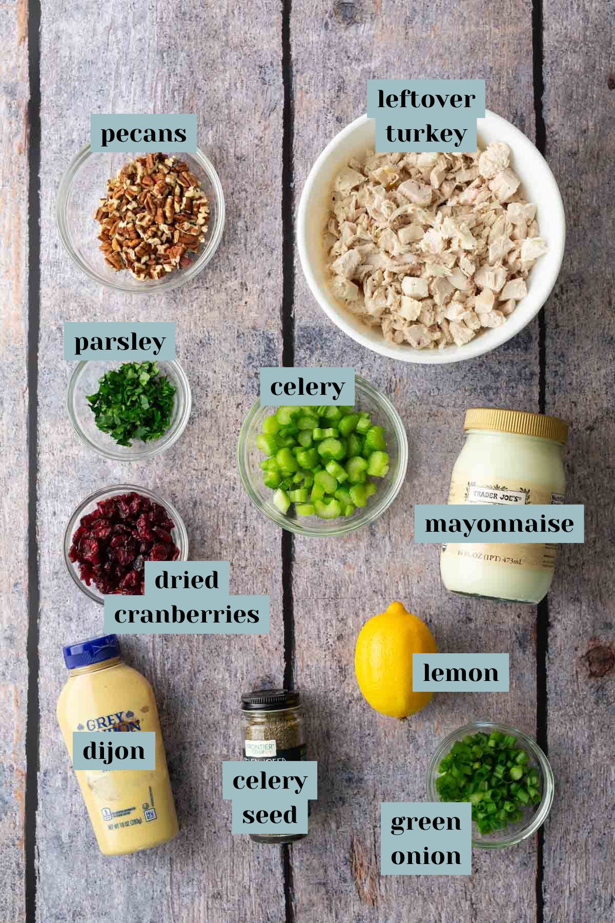 Ingredients for a turkey salad are displayed: leftover turkey, pecans, parsley, celery, mayonnaise, dried cranberries, Dijon mustard, celery seed, lemon, and green onion.