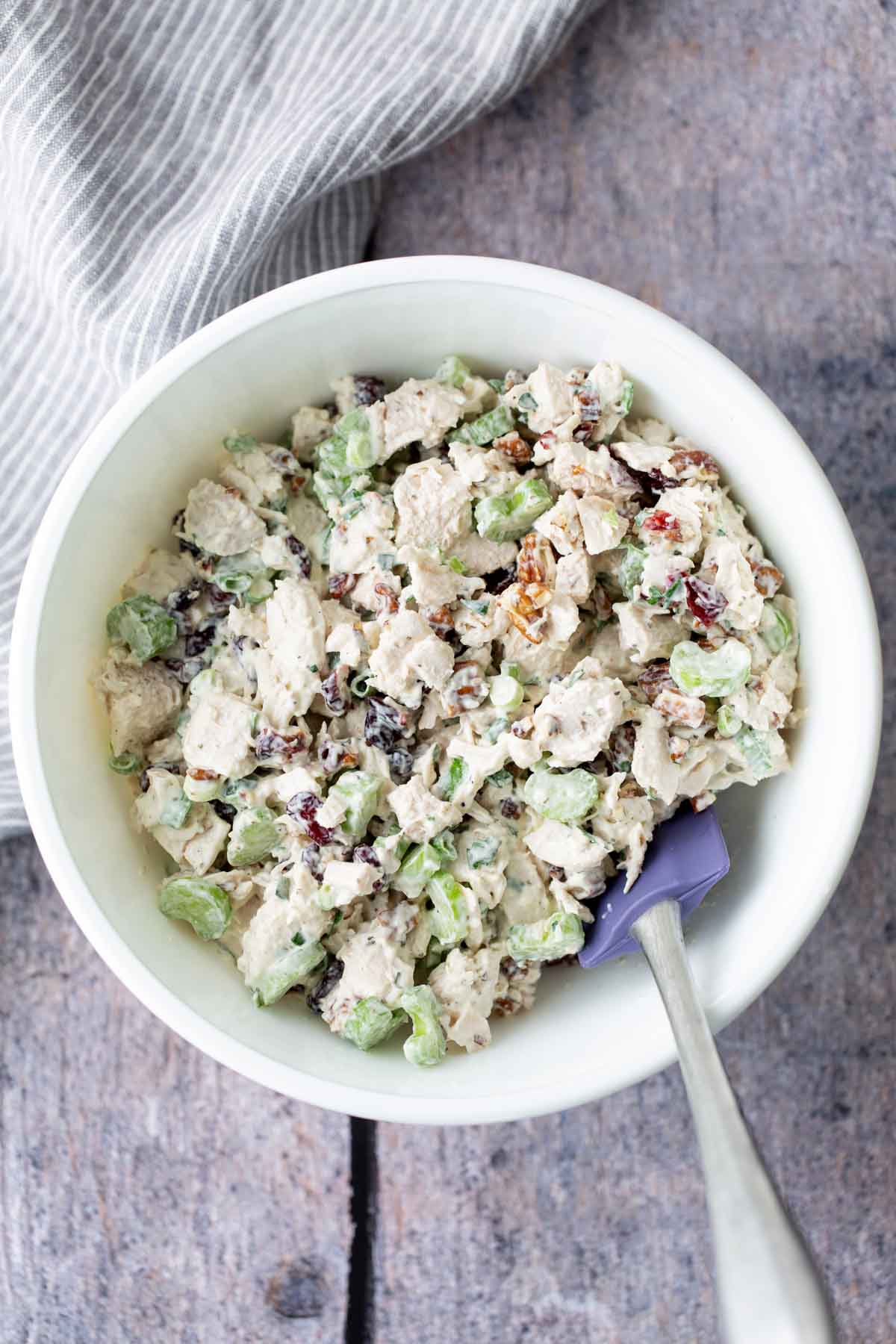 Bowl of chicken salad with pieces of chicken, celery, walnuts, and cranberries, mixed with creamy dressing. Spoon rests inside the bowl.