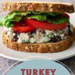 A turkey salad sandwich with lettuce and tomato on whole grain bread, placed on a white plate.