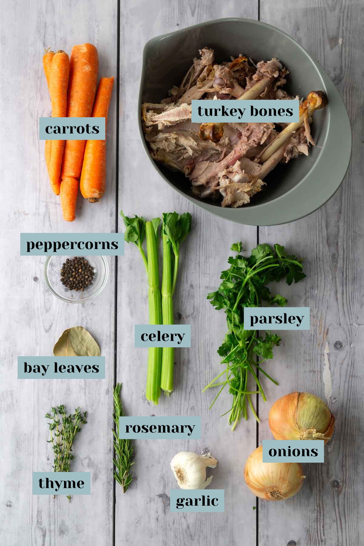 Assorted ingredients on a wooden surface: carrots, turkey bones, peppercorns, bay leaves, celery, parsley, thyme, rosemary, garlic, and onions.