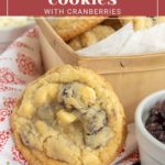 White chocolate cookies with cranberries, presented in a brown basket and on a red and white patterned cloth, next to a small bowl of dried cranberries.