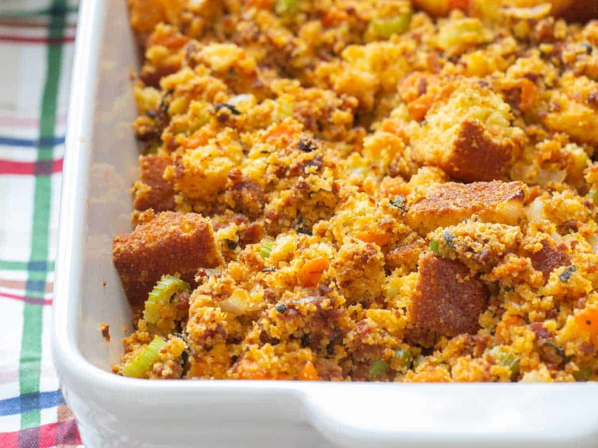 chorizo cornbread stuffing in baking dish